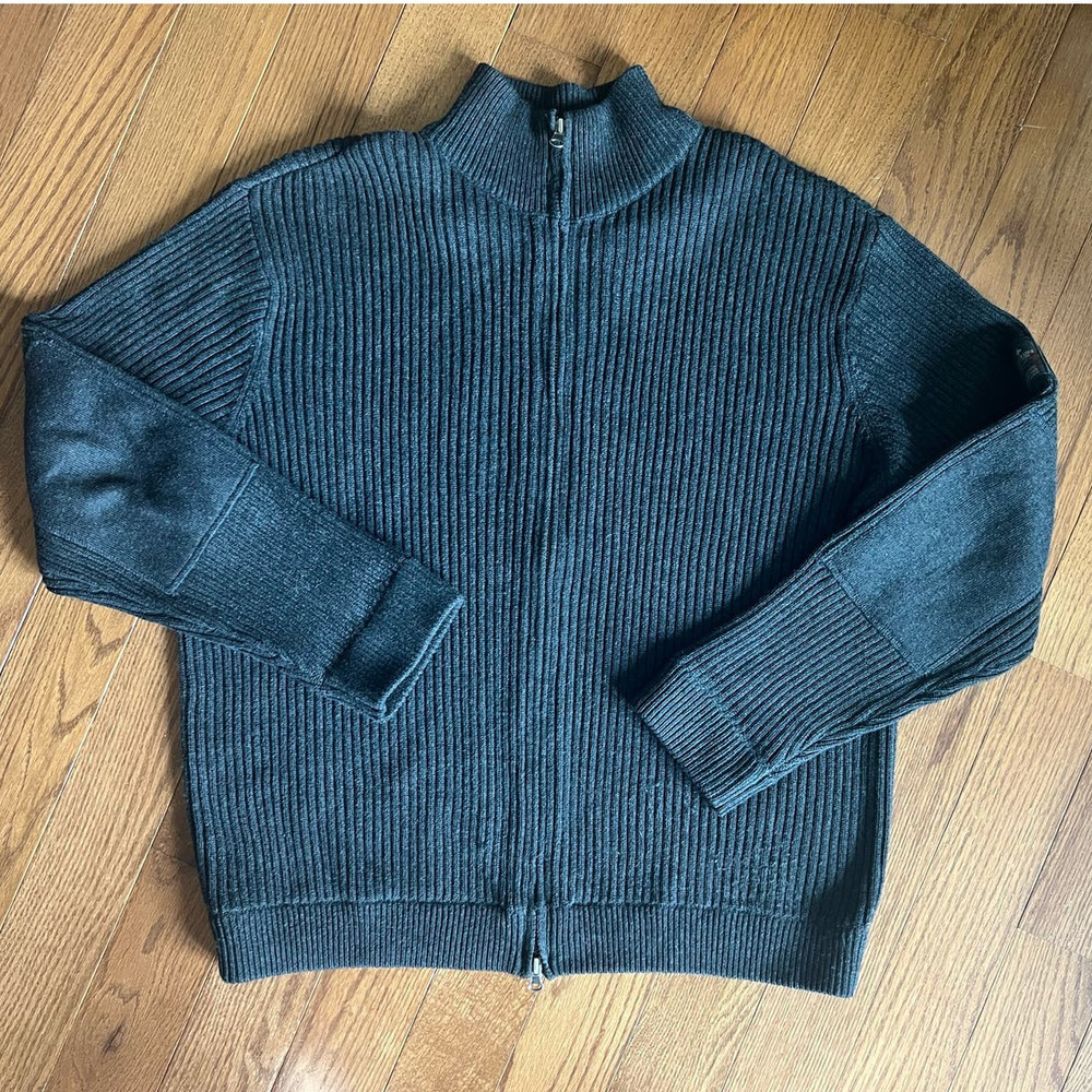 American Eagle Outfitter Full Zip Ribbed Cardigan, Gray, Arm Patches, size Large